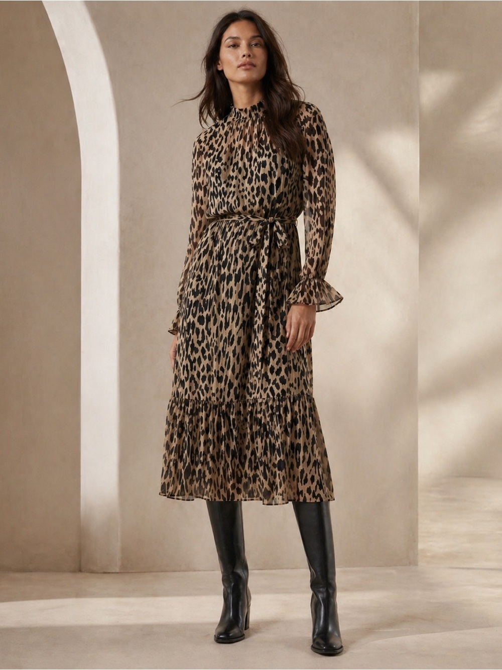 Banana Republic NWT Leopard Print Sheer Tiered Midi Dress Size 2